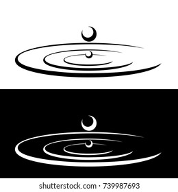 Drops falls forming a circles on the water. Droplets symbols isolated on the white and black backgrounds. Graphic icons. Vector illustration