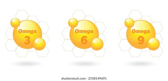 Drops of Fatty Acids Omega Realistic. Food supplements and vitamins, health care and medicine concept vector art