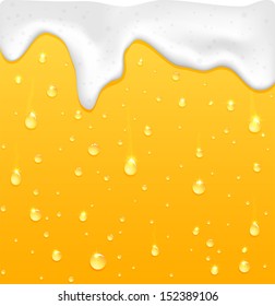 Drops with foam on glass, yellow drink background, illustration