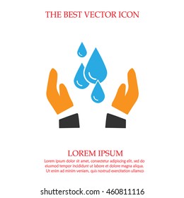 Drops in hands vector icon. Water care symbol. Simple isolated sign.