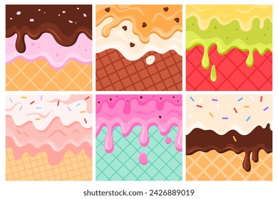 Drops of ice cream melt and flow over waffle layer, set of backgrounds templates. Glossy liquid dessert drips, syrup splashes, chocolate and candy sprinkles in cartoon banners, vector illustration