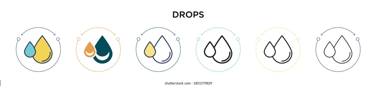 Drops icon in filled, thin line, outline and stroke style. Vector illustration of two colored and black drops vector icons designs can be used for mobile, ui, web