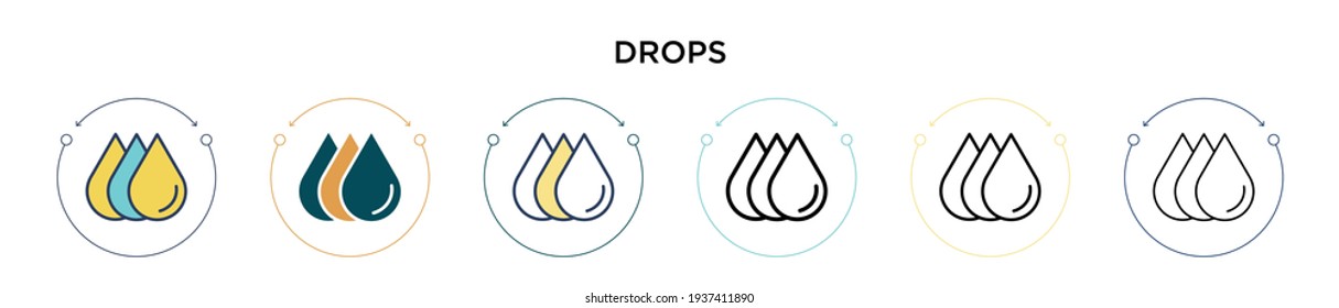 Drops Symbol in vollem, dünnen Linie, Umriss und Strich-Stil. Vektorgrafik von zwei farbigen und schwarzen Tropfen Vektorsymbole kann für mobile, i, web-basierte
