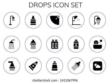 drops icon set. 15 filled drops icons.  Collection Of - Shower, Eye drops, Suppositories, Contact lens, Ointment, Weather