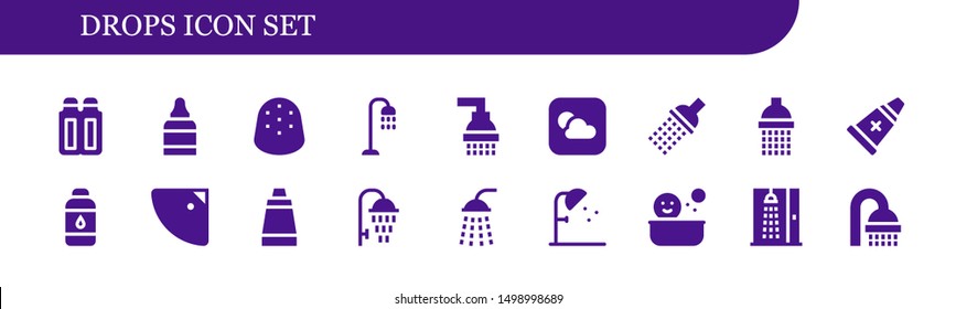 drops icon set. 18 filled drops icons.  Simple modern icons about  - Suppositories, Eye drops, Gumdrop, Shower, Weather, Ointment, Contact lens