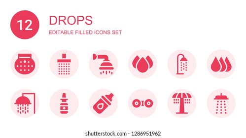 drops icon set. Collection of 12 filled drops icons included Shower, Drops, Nasal spray, Eye Contact lens