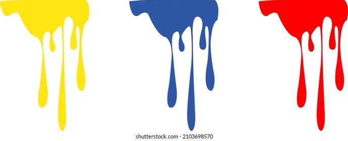 Drogas de tinta, amarillas, azules y rojas aisladas en fondo blanco.
