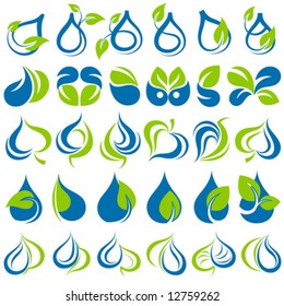 Drops and leaves. Elements for design. Vector illustration.