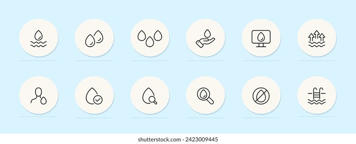 Drops line icon. Macro, water droplets, leaf, nature, purity, close-up, detail, transparent. Pastel color background. Vector line icon for business and advertising