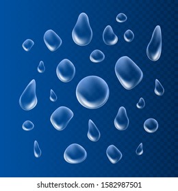 Drops. Liquid clear droplet. Dew on glass surface. vector illustration on blue background