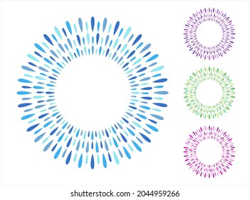 Drops, long droplets round text frames. Circle, ring shape backgrounds set, collection. Radial abstract decoration made of splashes, firework sparks, splatter. Blue, purple, pink, green colors. 