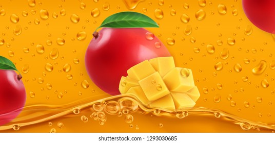 Drops. Mango juice. 3d realistic vector