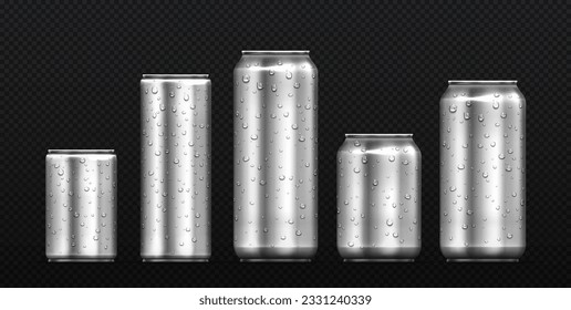 Caídas en latas de aluminio de soda. Envase y envase, estaño. Comercialización y publicidad. Bebidas y zumos en el espacio. Colección vectorial realista aislada en fondo transparente