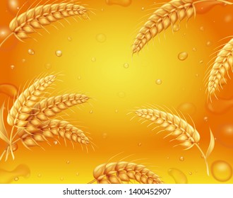 Drops on yellow beer drink background with barley, illustration.