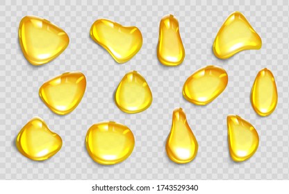 Drops of orange juice or oil, yellow liquid droplets of different shapes, honey blobs, golden colored syrup spots isolated on transparent background, realistic 3d vector illustration, icons set