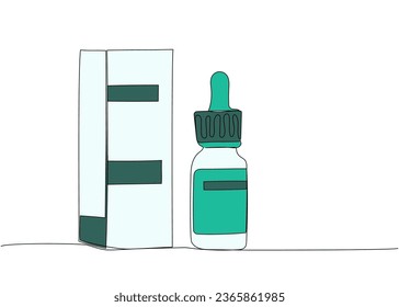 Drops in a package, medicine one line color art. Continuous line drawing of pharmacy, healthcare, drop, therapy, medical, medication, medical, pharmacy, medicine, therapy, treatment, pharmaceutical
