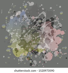 Drops of paint on a gray background, vector illustration EPS 10 imitating watercolor, abstract background for text, eye-catching multicolor spot, can be used for flyers, advertising, design element. 