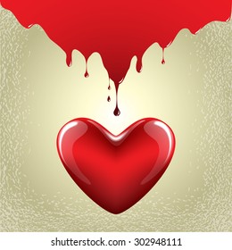 Drops of paint on a red heart, gold texture background