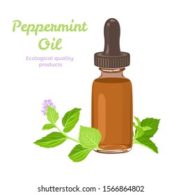 Drops of peppermint oil in dark glass bottle Isolated on white background. Fresh green leaves of mint. Vector illustration of aroma essential oil in cartoon simple flat style.