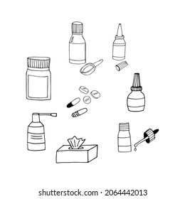 drops and pills in a bottle with a pipette hand drawn doodle. vector, scandinavian, nordic, minimalism, monochrome. set icon. medicine, runny nose, health, treatment.
