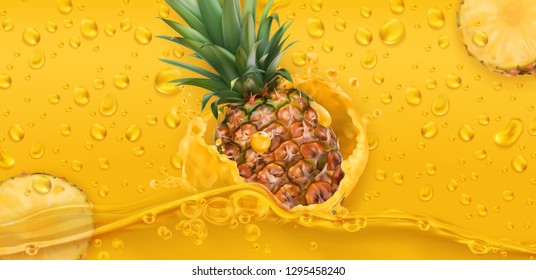 Drops. Pineapple juice. 3d realistic vector