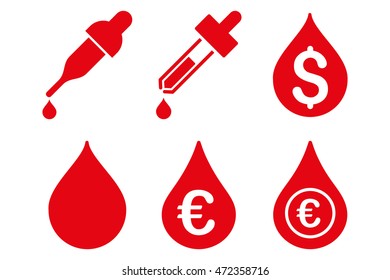 Drops Price vector icons. Pictogram style is red flat icons with rounded angles on a white background.