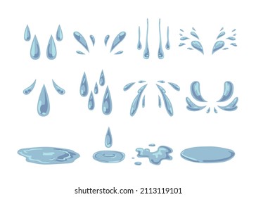 Drops and puddles of water vector illustrations set. Simple droplets of sweat, rain or tears from crying, water dripping into streams on white background. Emotions, nature concept for graphic design