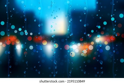 Drops Of Rain On Blue Glass Background. Street Bokeh Lights Out Of Focus. Autumn Abstract Backdrop.