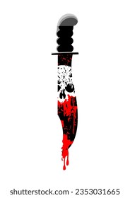 Drops of red blood falling on the dirty knife on neutral background.