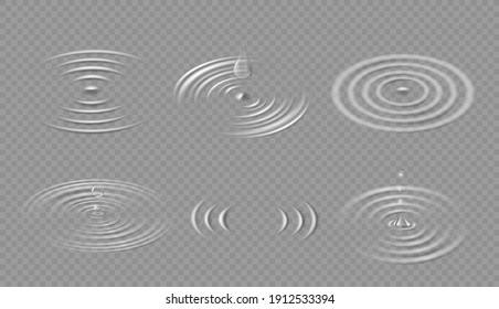 Drops and ripples. Circular wave on water surface. Falling dripping droplet and concentric circle splash in puddle. Liquid ripple vector set side view. Spiral movement of fluid isolated on transparent