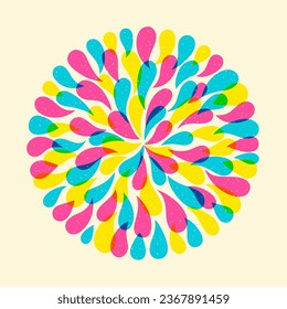 Drops round shape, circle with risograph, riso print effect. Text background. Layered colorful drops, hand drawn droplets. Radial pattern, border, frame template, retro graphic design element.