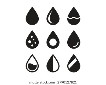 Drops set shows various styles of water oil or other fluid with different shapes Design element to represent water or liquid related concepts