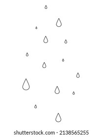 Drops. Skizze. Flüssiges Wasser tropft von oben nach unten. Regentropfen fallen vom Himmel. Die Himmel weinen reine Tränen. Vektorgrafik. Skizzen auf einzeln weißem Hintergrund. Doodle-Stil.