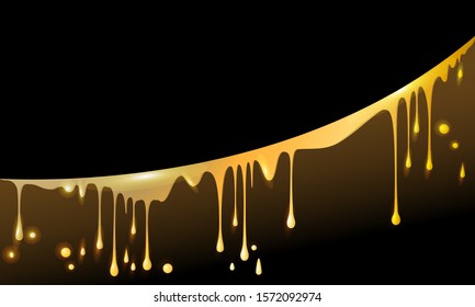 drops and smudges of liquid gold, paint, beer or honey, located in an arc, in the horizontal black background for your text