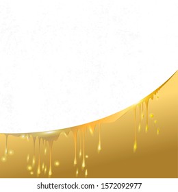 drops and smudges of liquid gold, paint, beer and honey, located in an arc, in the white textured square background for your text