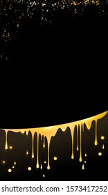 drops and smudges of liquid gold, paint, beer and honey, located in an arc, in the vertical black background with golden sparkles texture