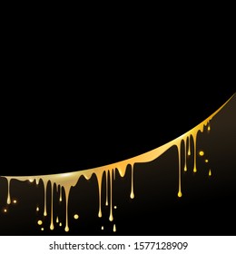 drops and smudges of liquid gold, paint, beer or honey, located in an arc, in the square black background for your text