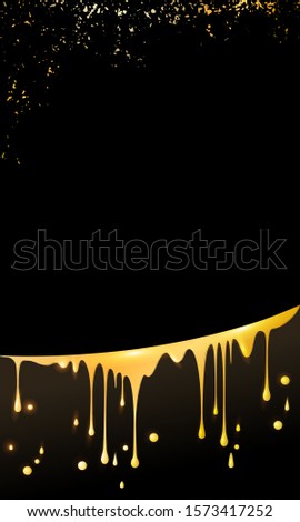 drops and smudges of liquid gold, paint, beer and honey, located in an arc, in the vertical black background with golden sparkles texture