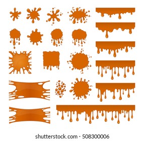 Drops and splash of melted and flowing caramel. Vector set stains, blobs and splashing of honey, brown stream liquid. Chocolate syrup flow. Abstract shapes isolated on white background.