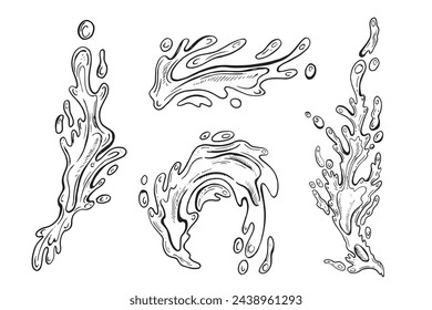 Gotas y salpicaduras de agua. Ilustración vectorial de contorno del elemento de salpicadura de agua. Dibujo de línea de garabato. Dibujado a mano. Para diseño, web, publicidad