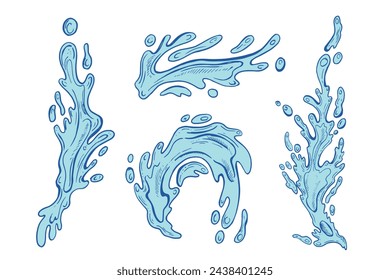 Drops and splashes of water set . Outline vector illustration of the water splash elements. Sketch doodle line illustration. Hand drawn. For design, web, advertisement. Blue color