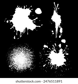 Drops and splashes of white paint. Artistic dirty grunge abstract spotted vector set on black background.