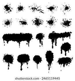 Drops and sprays of ink. Black paint splatters. Blotter spots, liquid paint drip drop splash and ink splatter. Artistic dirty grunge abstract spot vector set.