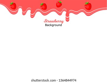 Drops of strawberry jam with cute strawberry on white background. Flowing syrup.landscape background.