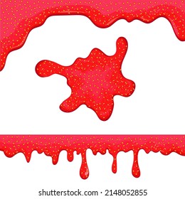 Drops of strawberry jam. Flowing syrup. Horizontal border. A blot, a blob. Vector set on a white background.