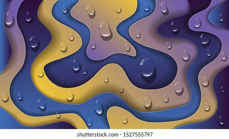 drops of a transparent liquid against a background of overlapping abstract shapes with wavy edges. Bright colorful wallpaper with 3D effect. vector image