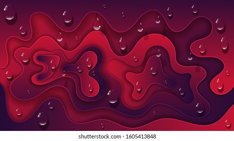 drops of transparent liquid against a background of overlapping purple-red abstract shapes with wavy edges. colorful art wallpaper. vector image