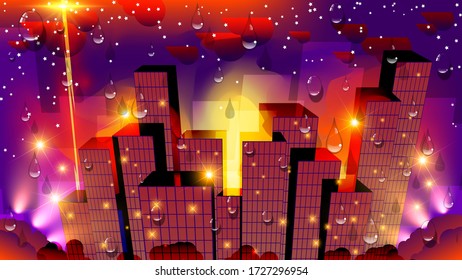 drops of transparent liquid against a background of skyscrapers, greenery, the evening sky with lightning, clouds, stars. city landscape. art wallpaper with 3D effect. vector