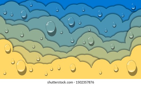 drops of a transparent liquid of different sizes on blue-yellow, overlapping each other, abstract forms with wavy edges. art wallpaper with 3D effect in the colors of the flag of Ukraine. vector image