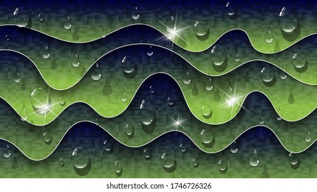 drops of transparent liquid and glare on a background of overlapping textured blue-green abstract shapes with wavy edges and a white stroke. art wallpaper with 3D effect. vector
